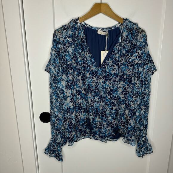 NWT Ramy Brook Celeste Blue Floral Printed Tassel Ruffle Sheer Blouse Size Small - Picture 3 of 11